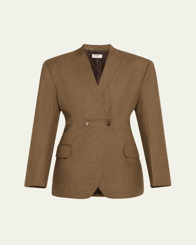 Collarless Double-Breasted Tailored Jacket